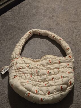 Cream Quilted Cherry Print Shoulder Bag